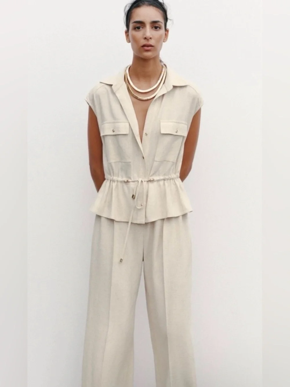 Zara Linen Blend Jumpsuit 2-Piece Look Ecru Oversized Breathable Waist Tie XS